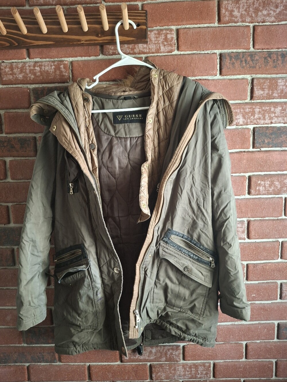 Guess Olive Green Hooded Field Jacket with Tan Trim